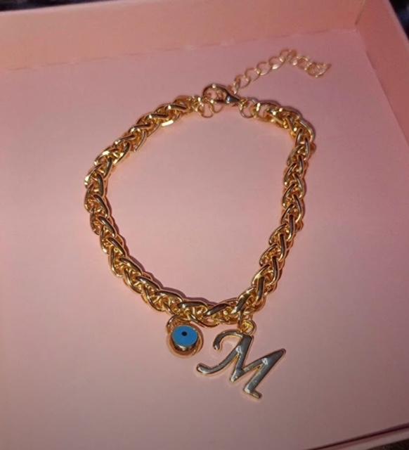 Kişiye Özel Kalın Zincir Model Harfli ve Nazarlı Bileklik