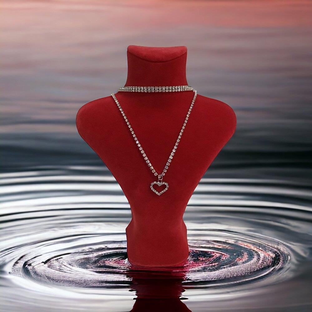 Zirkon Taşlı Kalp Kolye ve Çift Sıralı Choker SETİ